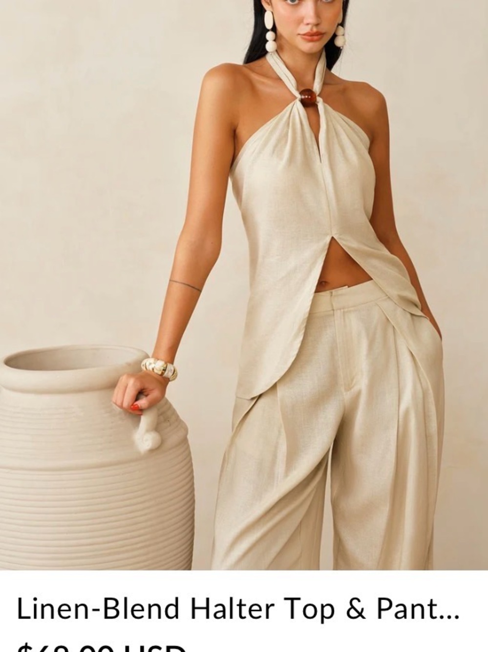 Commense Cream Linen-Blend Halter Top & Wide-Leg Pants Set
